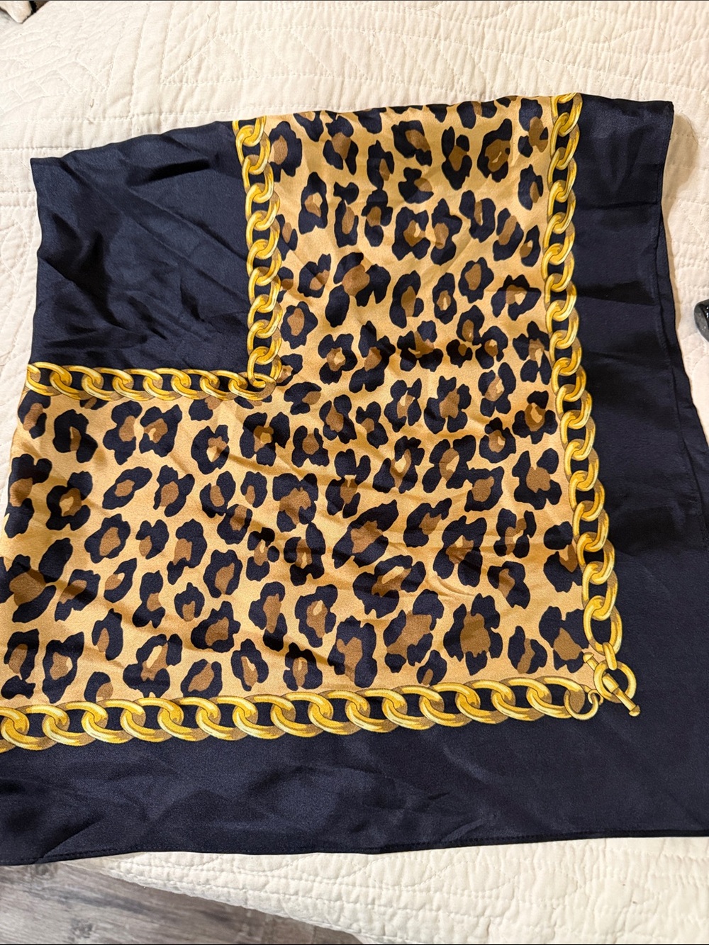 Echo Leopard & Chain Print Satin Scarf - Black, Tan & Gold